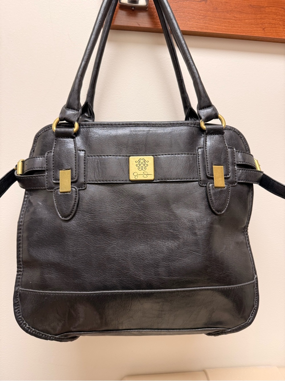 Jessica Simpson Black Satchel Gold Hardware Faux Leather EUC